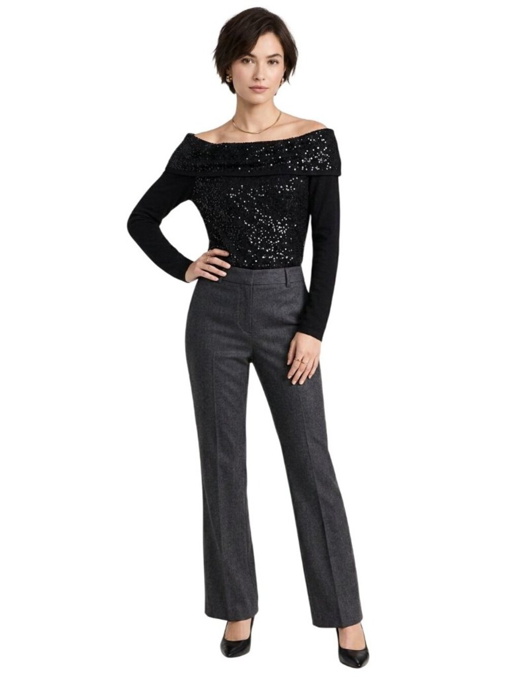 White House Black Market Cashmere Blend Sequin Off-Shoulder Pullover Top Small
